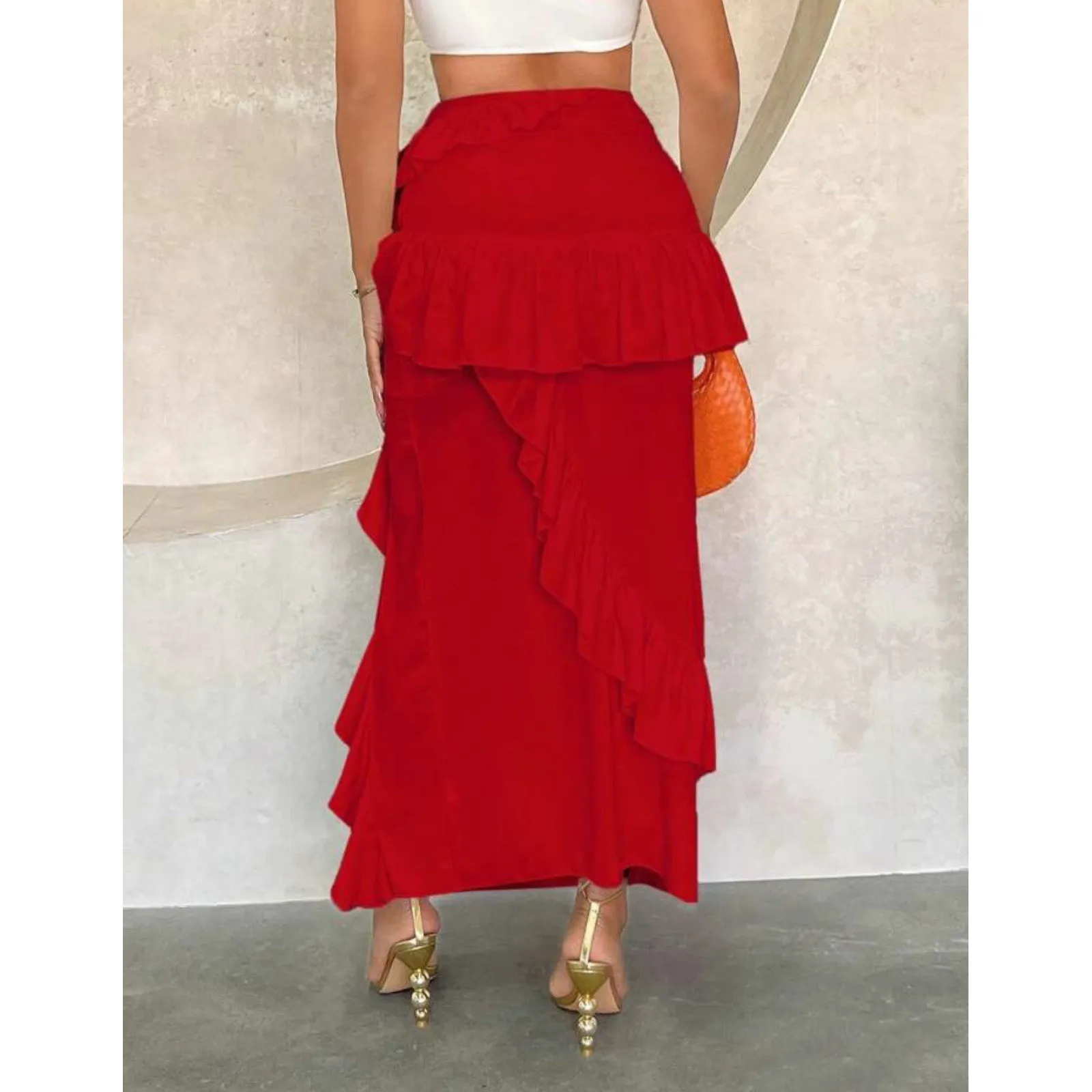 Shein beautiful long‎ red skirt with ruffles, open leg, size L - Image 4