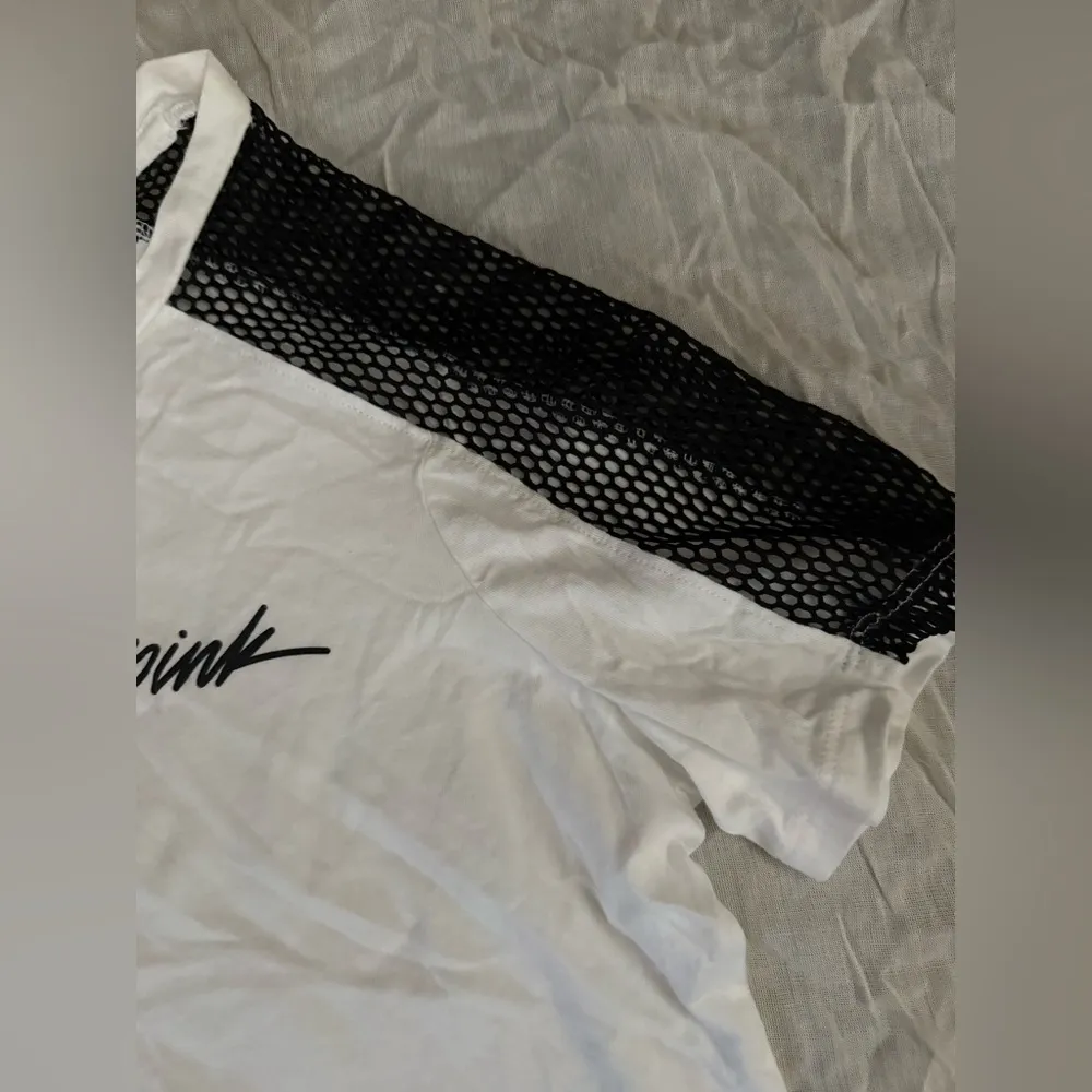 PINK Victoria's Secret White Crop Top with Black Mesh Sleeves - Image 4