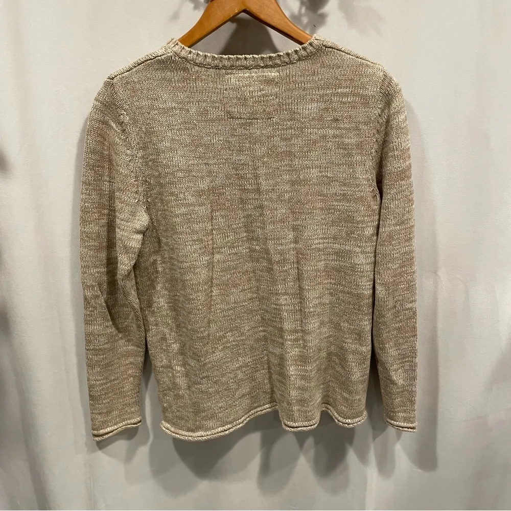 Cute tan camel white marked henley chunky button sweater roll hem - Image 3