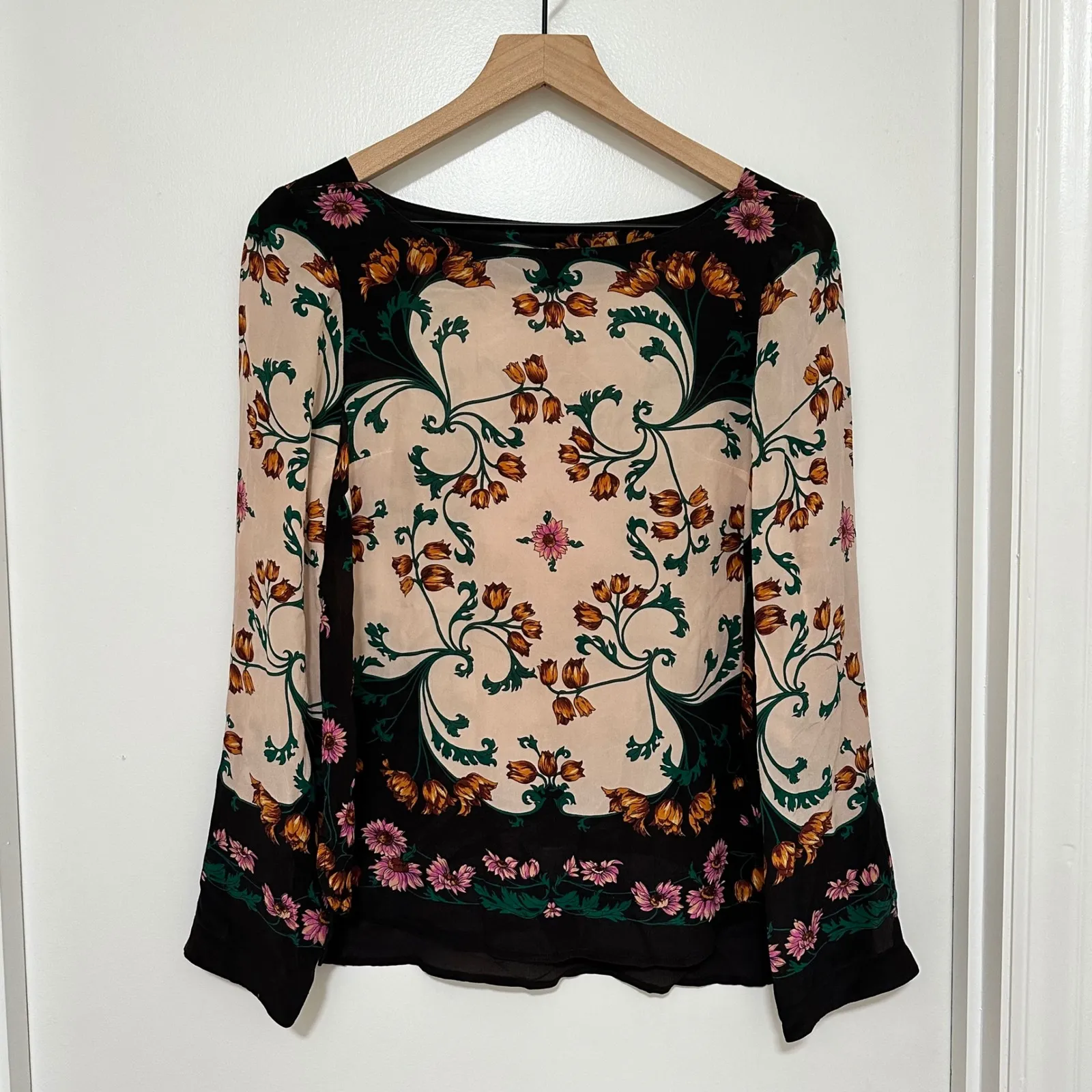 Maeve x Anthropologie | 100% Silk Florence Floral Bell Sleeve Boatneck Blouse, 4 Black - Image 4