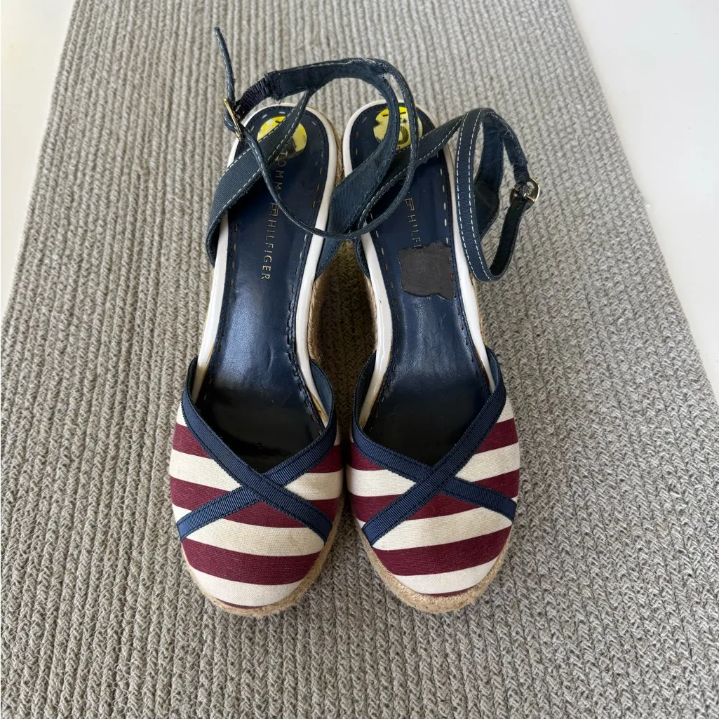 Tommy Hilfiger Red White Navy Blue Ankle Strap Espadrille Wedge Sandals 9 FLAW - Image 16