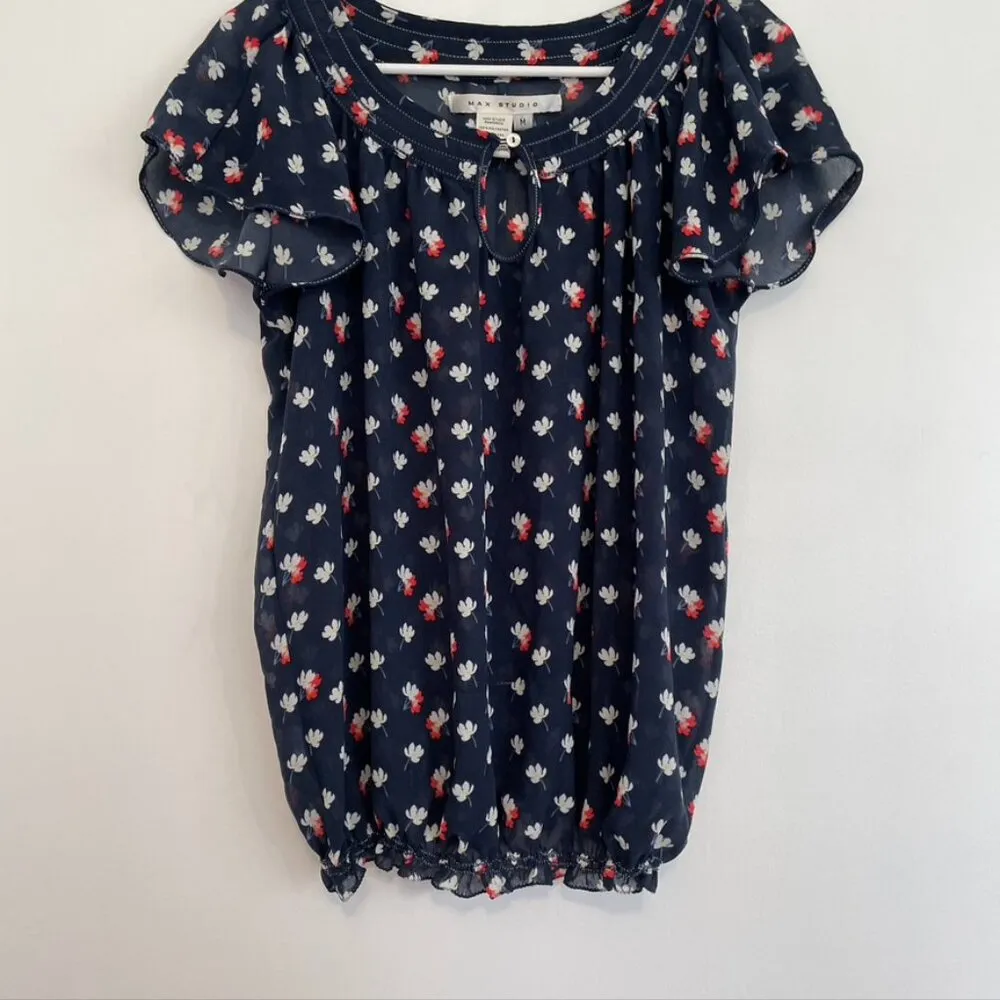 MAX STUDIO Bubble Hem Blouse Navy Blue White Coral Red Floral Short Sleeve Boho - Image 6