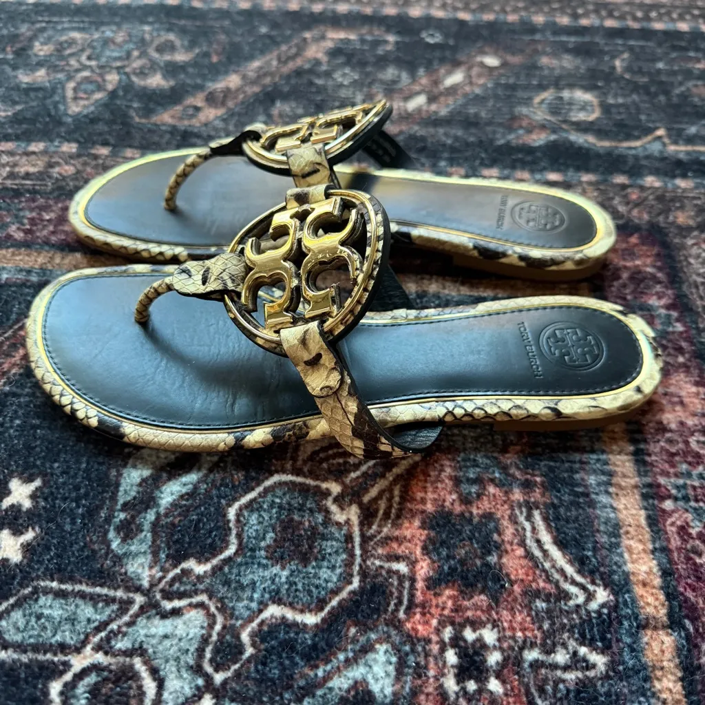 Tory Burch Metal Miller Stamped Snake Printed Leather Sandals Desert Roccia - Image 5