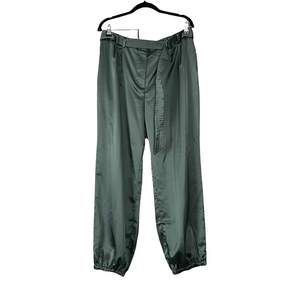 ANTHROPOLOGIE Maeve Parachute Satin Jogger Belted Green Pants Sz 14 - Image 4