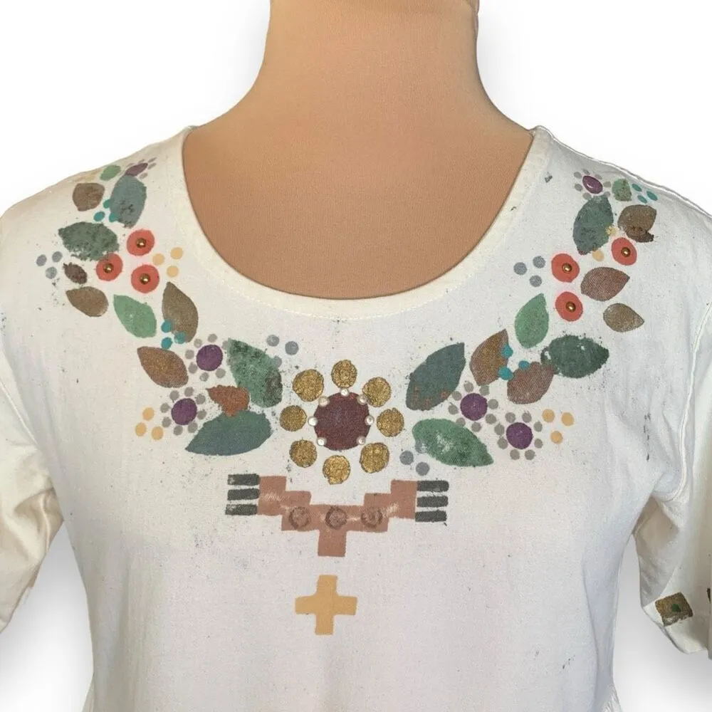 Vintage 90s Maxi Dress Custom Cream Hand Painted Southwest Art Babydoll OOAK Brown Size L - Image 5