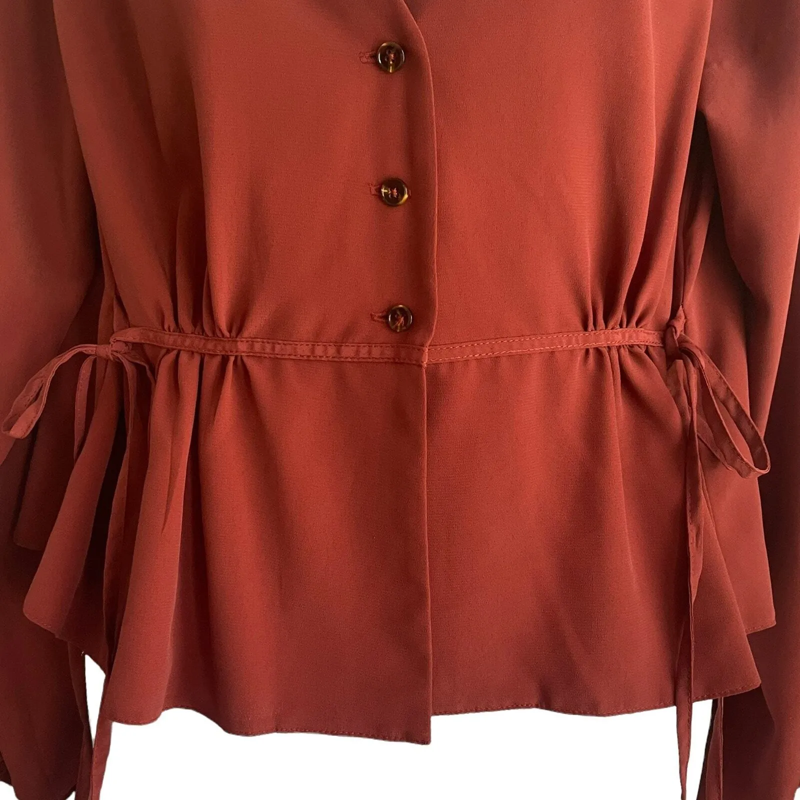 TOPSHOP Women Top 4 Rust Adjustable‎ Tie Waist Button Up Cottagecore Romantic - Image 6