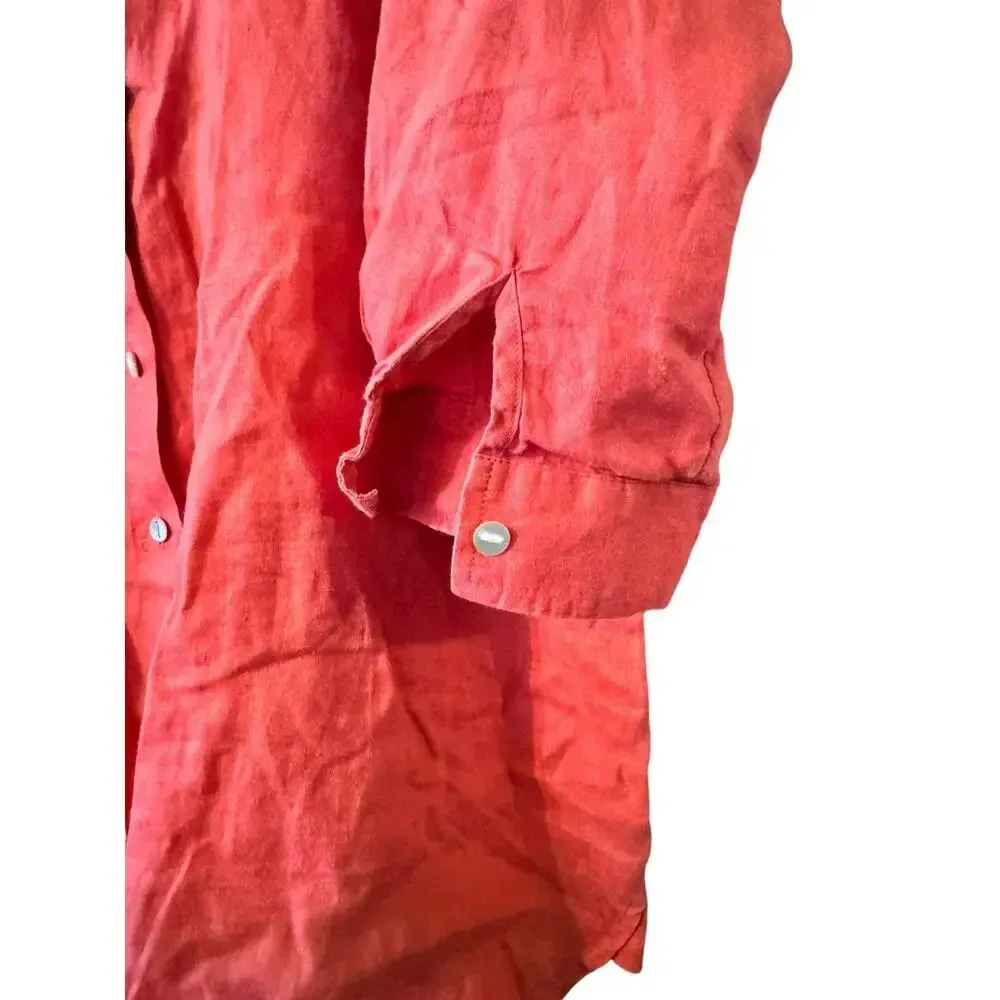 J.jill XL Coral 100% Linen button front long sleeve shirt missing 1 cuff button Red - Image 2