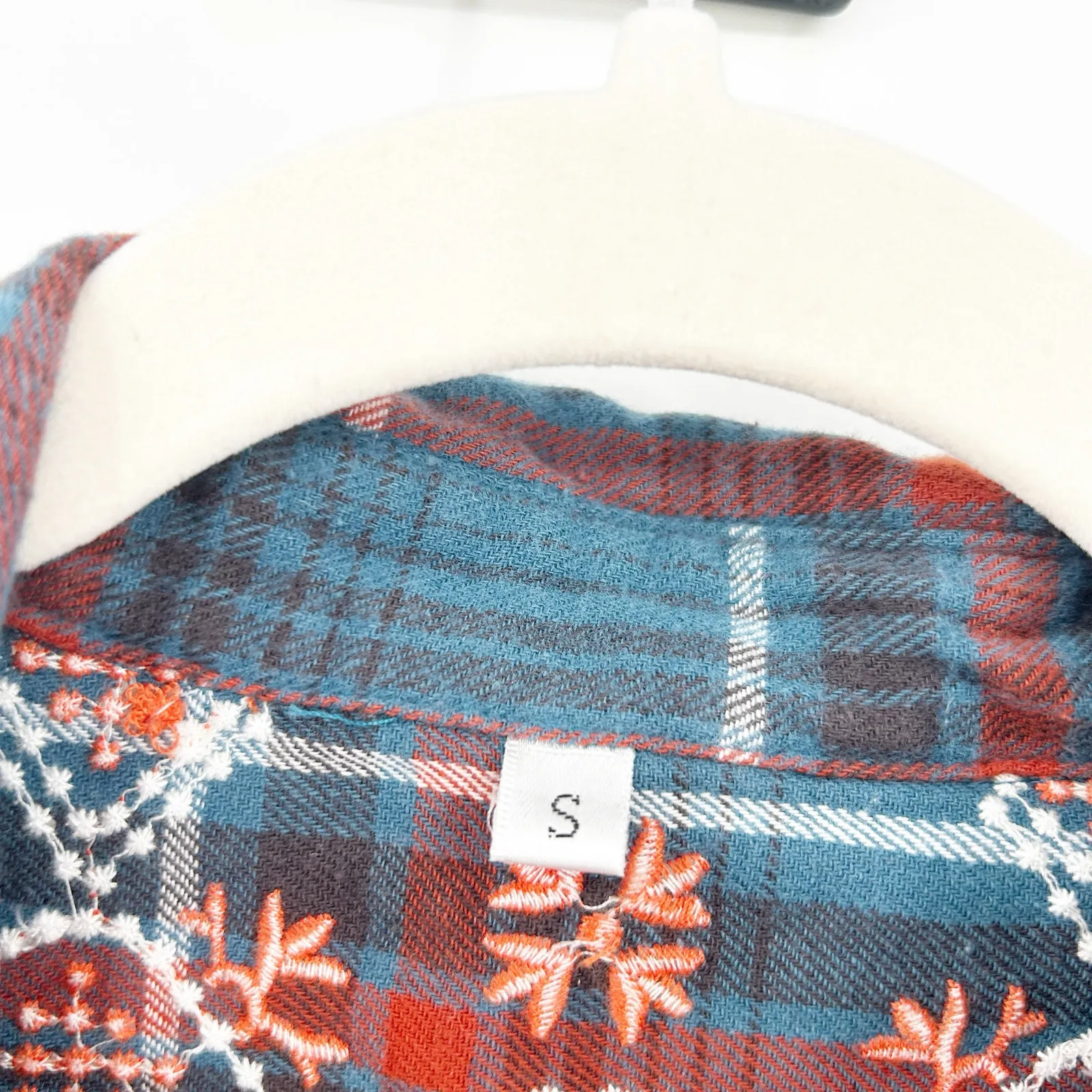 Womens Boho Western Plaid Cowgirl Embroidered‎ Floral Long Sleeve Tunic Blouse S Blue - Image 5