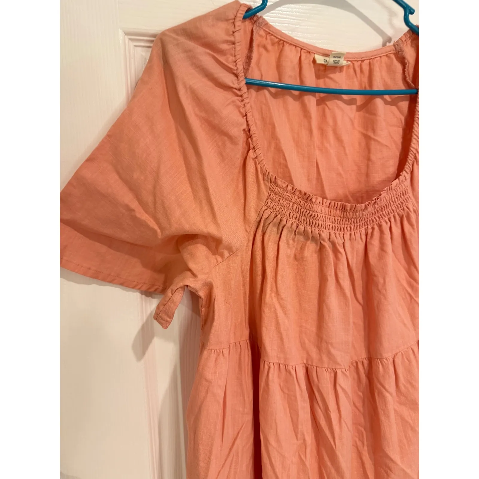 Knox Rose Tiered Mini Dress Smocked Neck Short Sleeve‎ Casual Peach S - Image 2