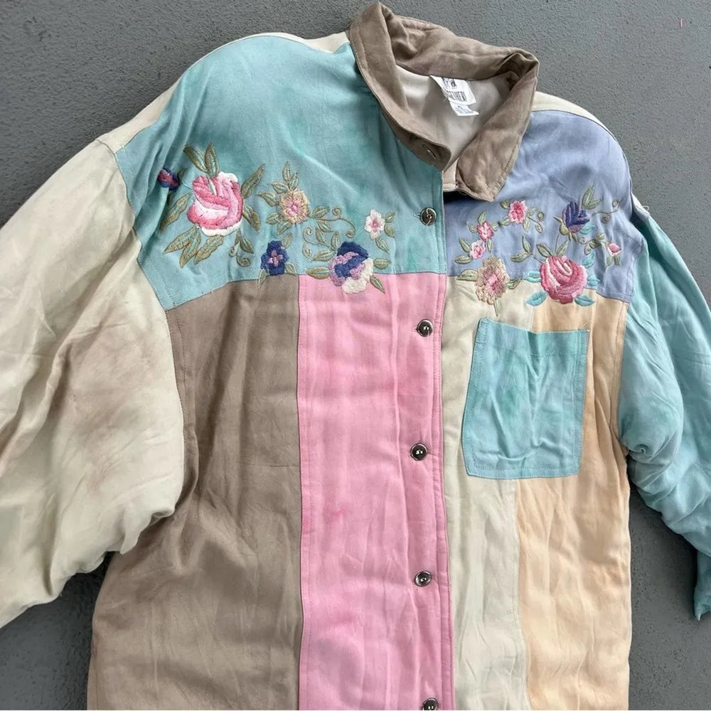 80s 90s pastel tie dye watercolor color block quilted jacket floral embroidery Size XL - Image 4