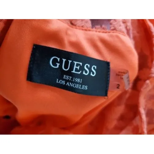 GUESS Dress Women 2 Coral Orange Lacey Chiffon Short Sleeve Belted Lace Crochet - Image 3