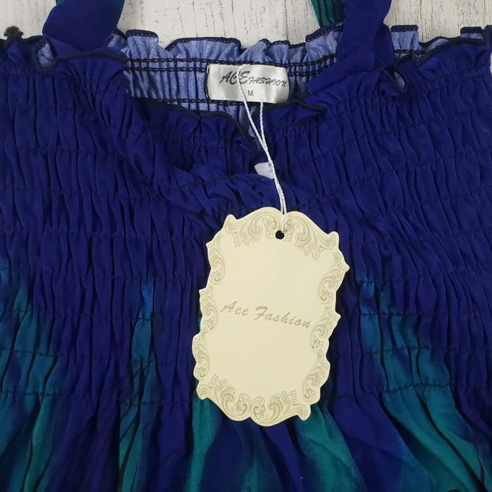 NWT Ace Fashioned Smocked Peacock Feather Summer Dress Women's Size Small Blue - Image 7