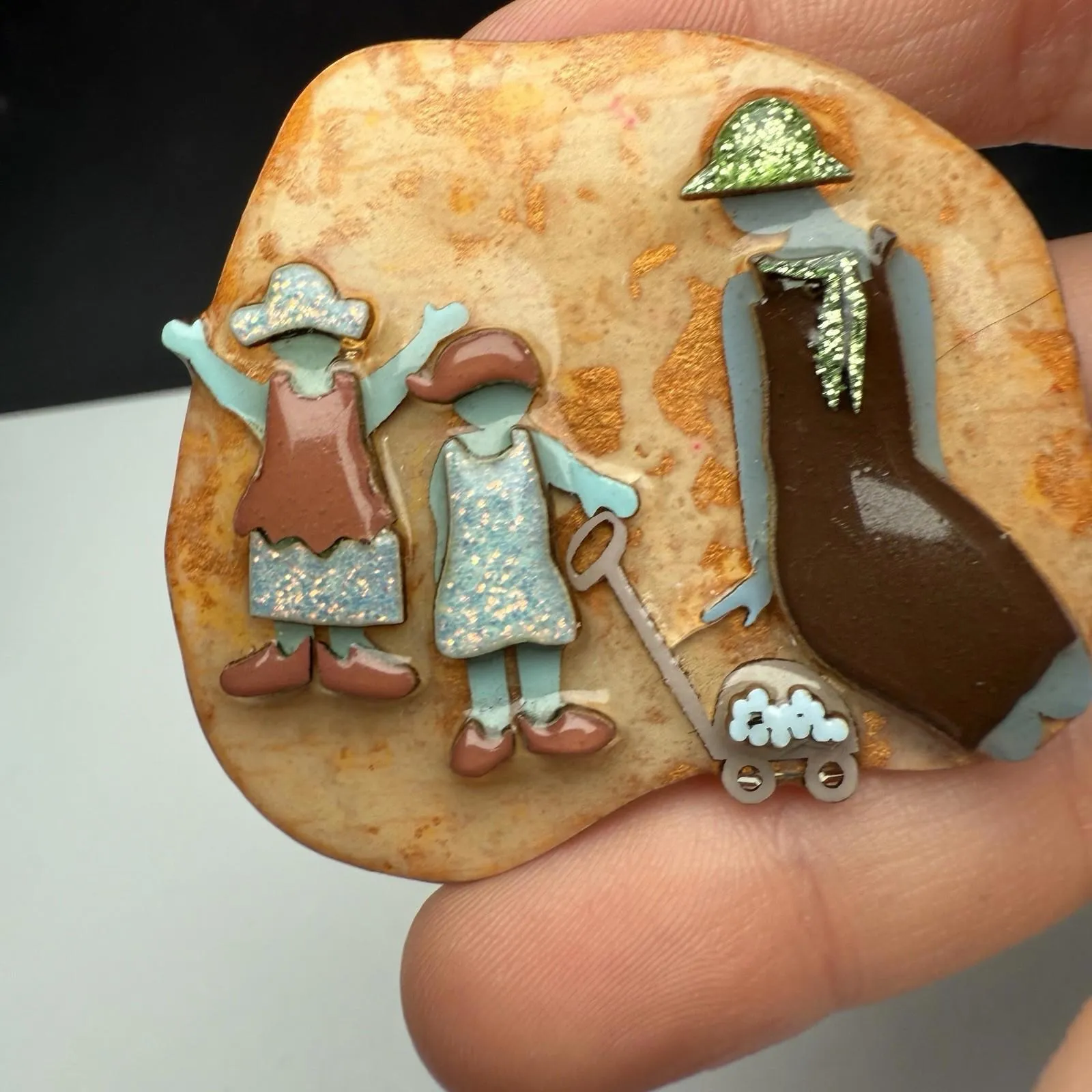 Lady Mom With Two Children Playing Signed Designs By Lucinda Brooch Pin Kids - Image 2