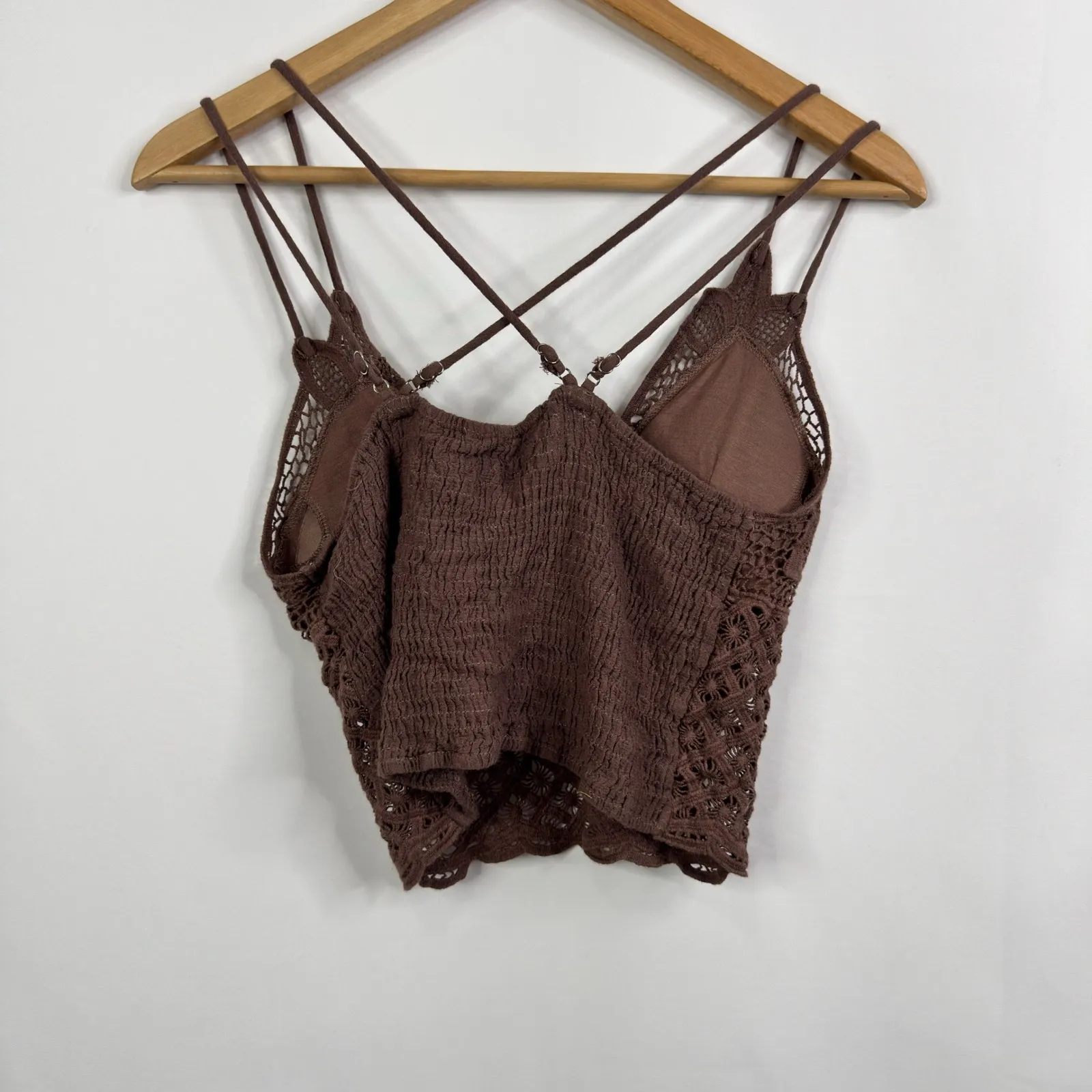 La Miel Crochet Lace Crop Top Brown Spaghetti Strap Boho Festival Size L Size L - Image 5