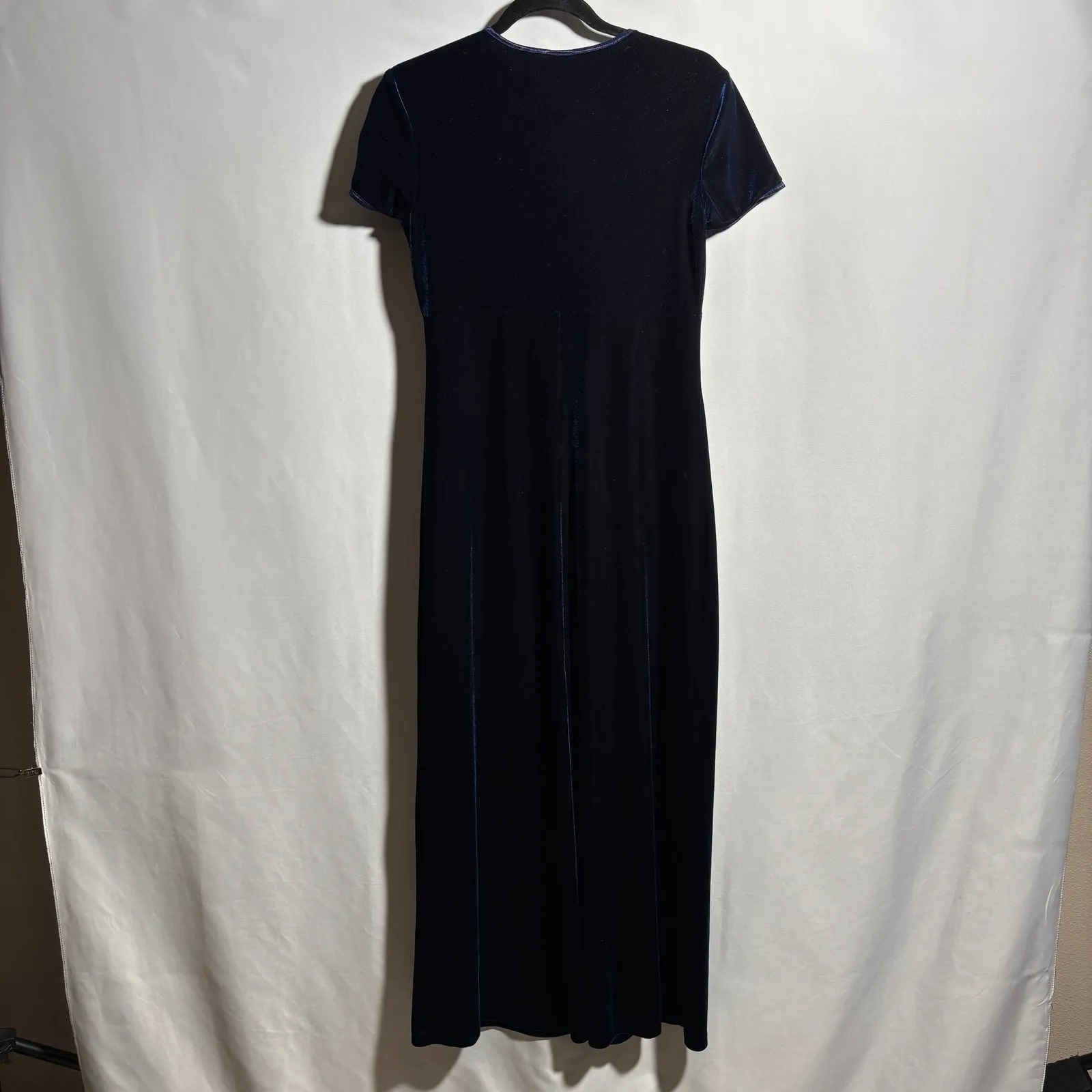 VTG 90s MY MICHELLE Navy Blue Velvet Maxi Dress Short Sleeve Empire Waist M Goth - Image 2