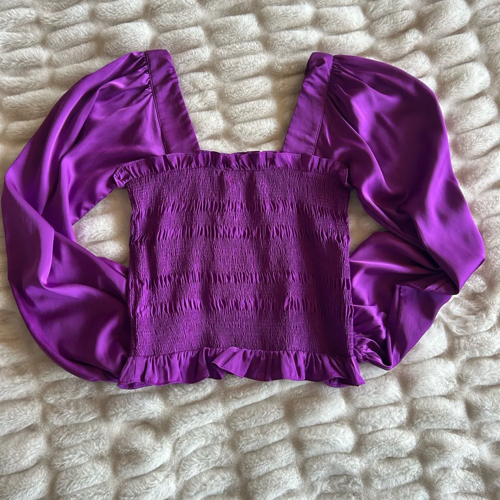 DO+BE Purple Smocked Satin Puff Sleeve Top - Image 3