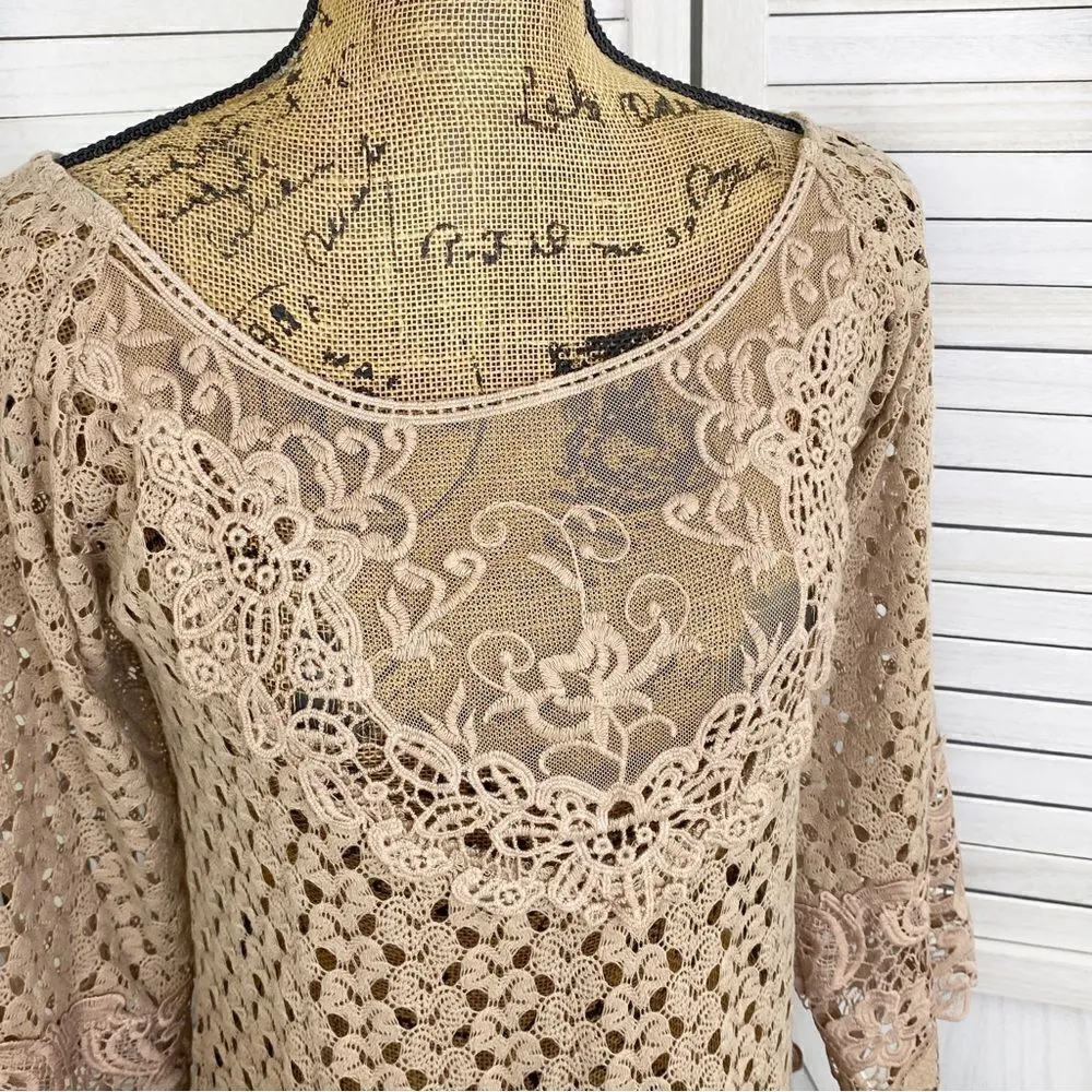 Kori Crochet Lace Hems Bell‎ Sleeve Tunic Top Mocha Tan Small Boho Cottagecore - Image 6
