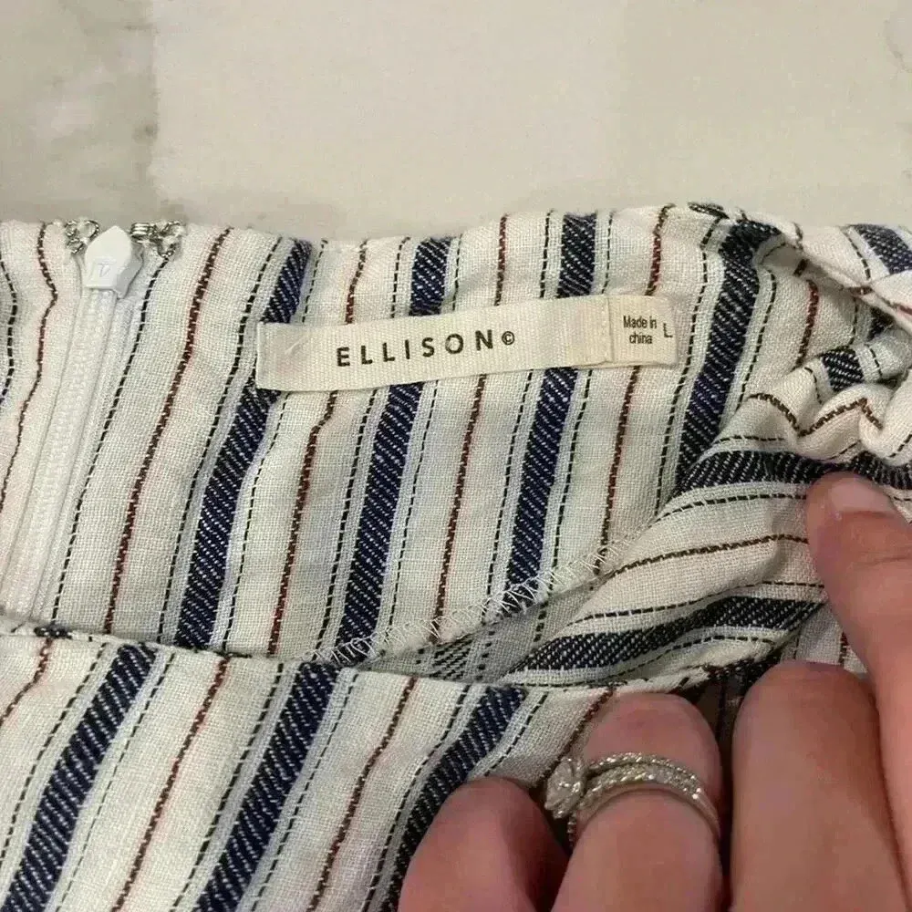 Ellison Linen Blue/White Dress Tassel Fringe Trim Women's Large Pockets Zipper - Image 4