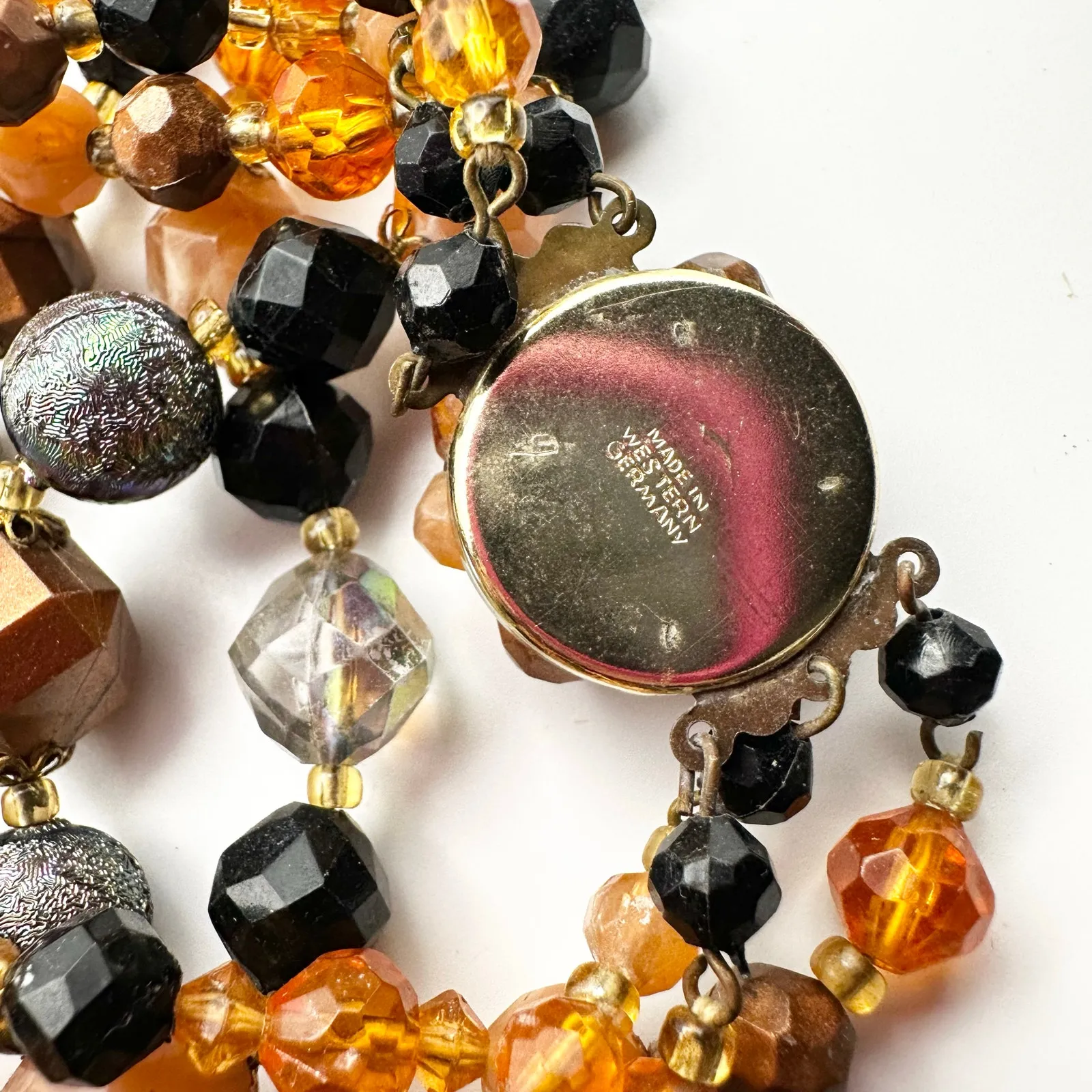 Vintage Western Germany Marked Faceted Neutral Stone Triple Strand Necklace Set Orange - Image 6