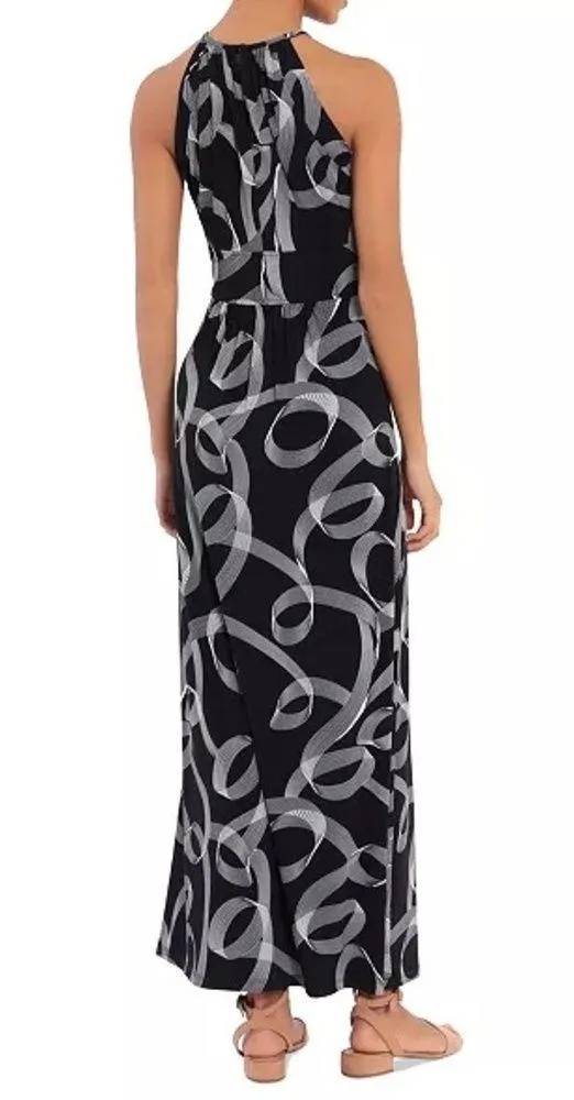 London Times Women's Printed Jersey Halter-Neck Maxi Dress Black/White Sz 12 NWT - Image 4