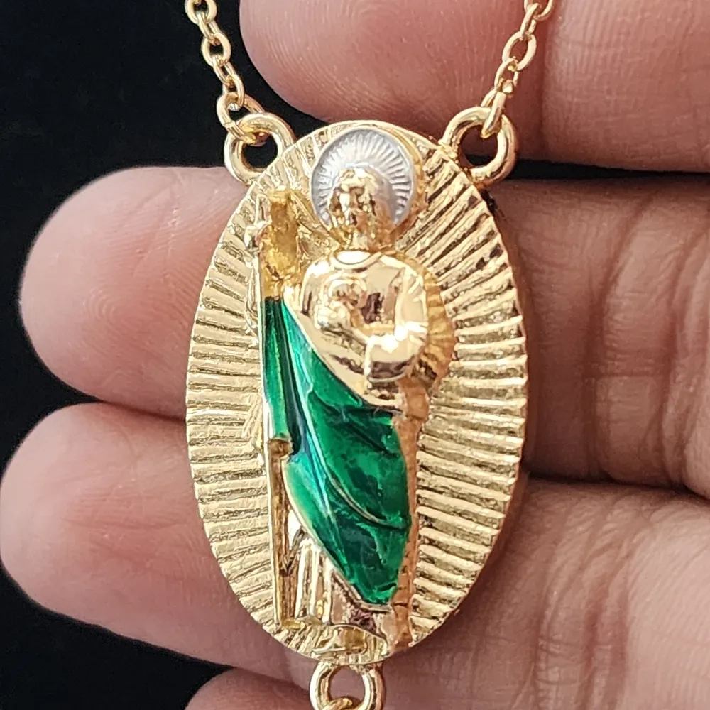 Gold with Clear Crystal Rosary Necklace St Jude Pendant - Image 3