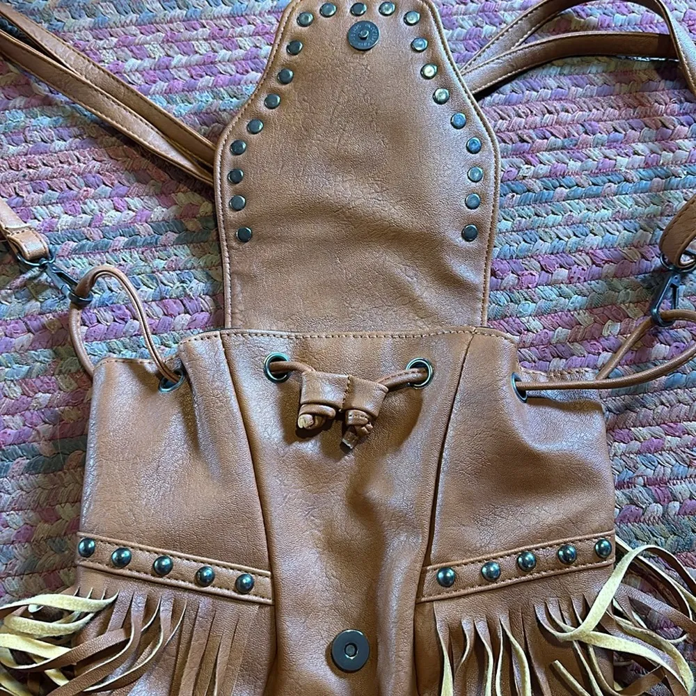 NWOT BROWN VEGAN LEATHER FRINGE BOHO WESTERN MULTI WAY PURSE BAG - Image 3