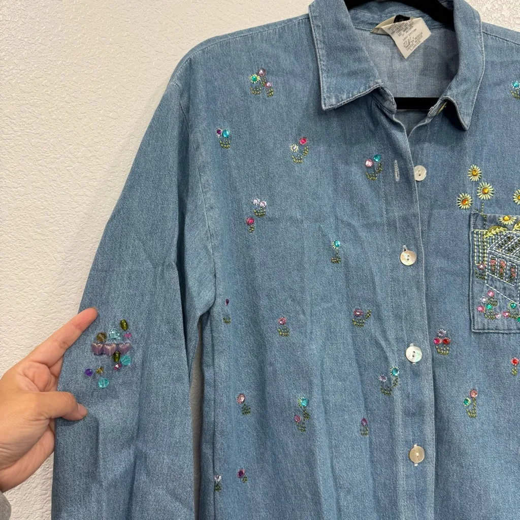 Vintage Teddi Button Front Embellished Denim Long Sleeve Top Large Blue - Image 2