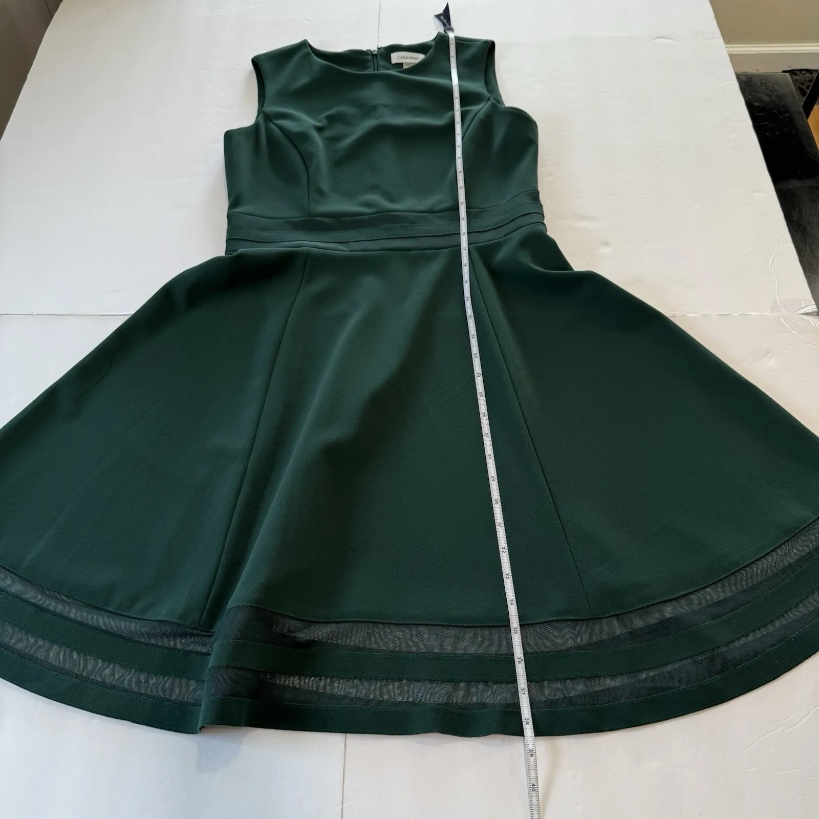 Calvin Klein Green Mesh Illusion Hem Fit Flare Stretch‎ Sleeveless Dress Size 10 - Image 12