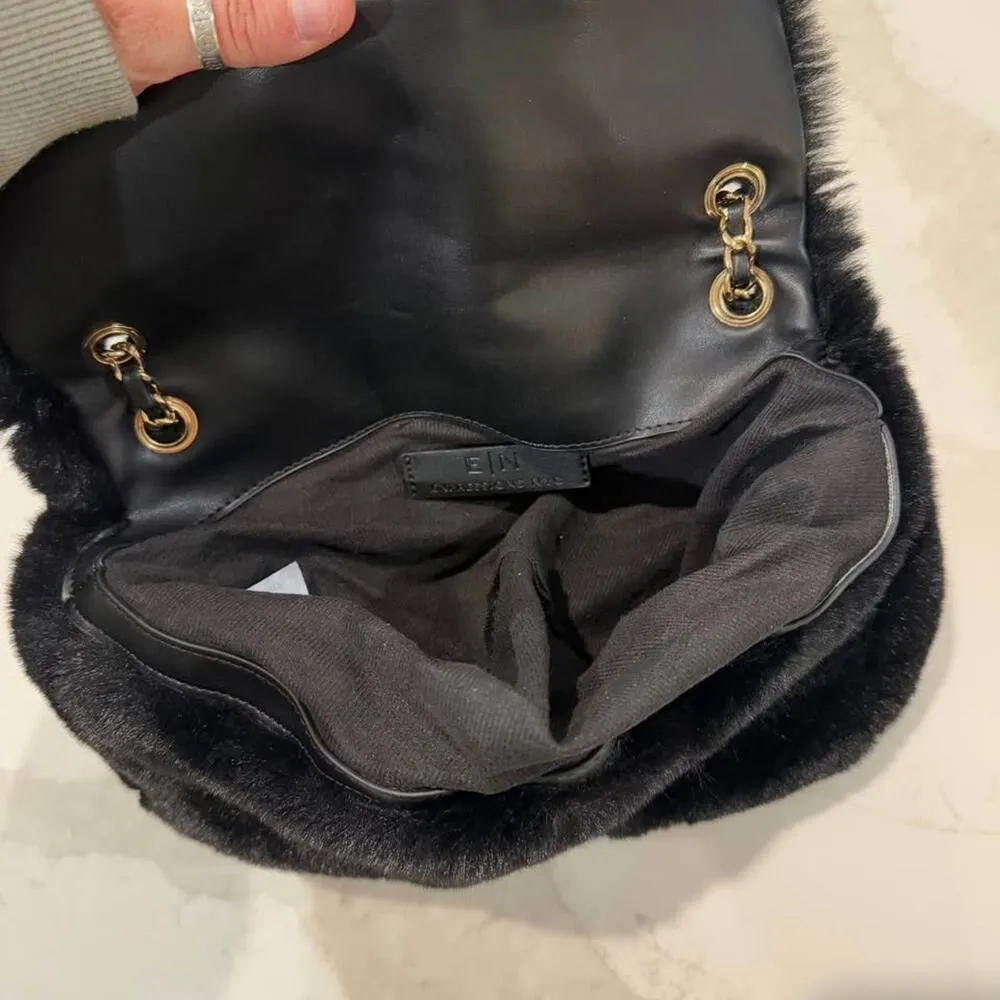 Expressions NYC Vegan Fur Bag Womens Black Faux Fur Shoulder Chain Handbag Purse - Image 6