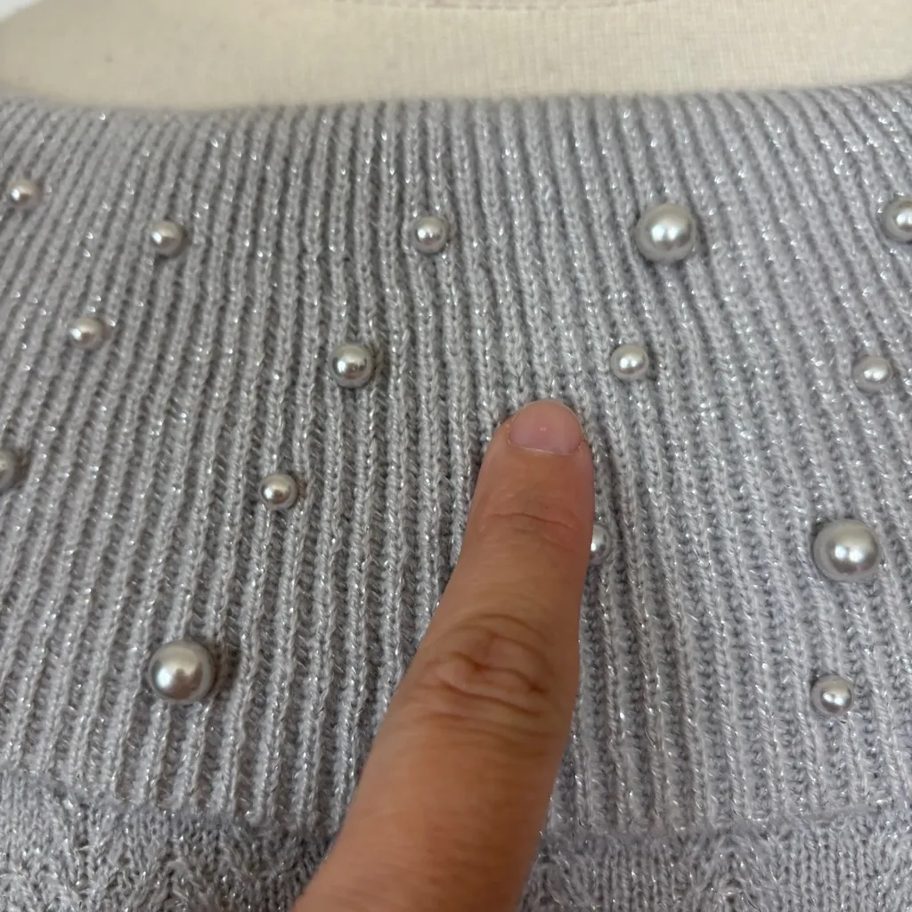 Briggs New York Light Gray Pearl Embellished Sweater - Image 5