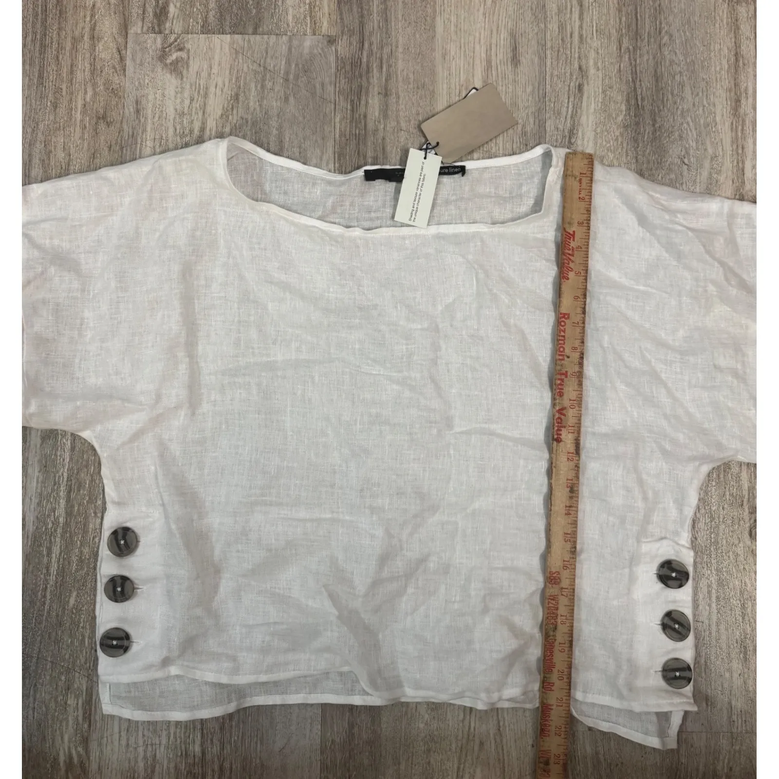 Harve Benard Pure Linen Square Neck Short Sleeve Button Detail Top White Size L - Image 5