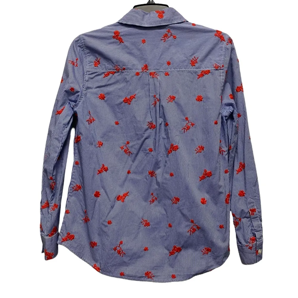 Lord & Taylor Women’s Medium Petite Blue Striped Button Down Embroidered Flowers - Image 5