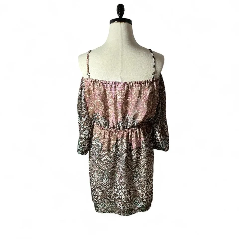 Wrangler Brown Paisley Print‎ Off Shoulder Dress 3/4 Sleeve Bohemian Medium - Image 2