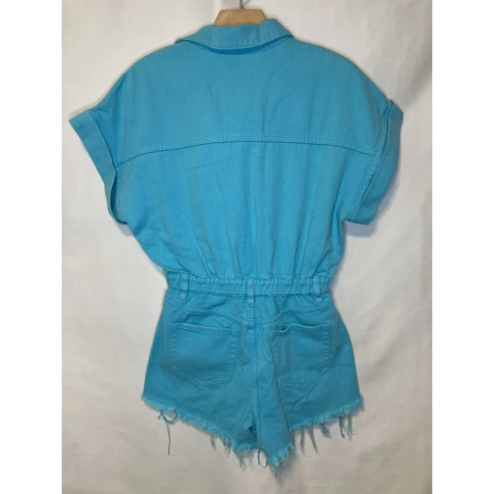 Boutique Idem Aqua Blue Distressed Denim Short Romper S Button Down Pockets New - Image 5