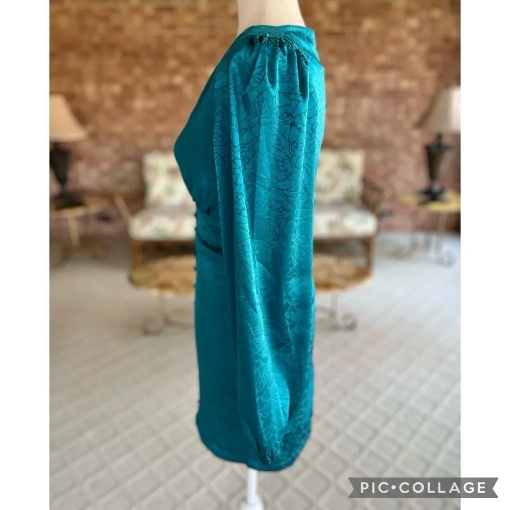 Bebe Mini Dress Bodycon Satin Jacquard Teal Blue XS Cocktail Low Plunging Neck - Image 8