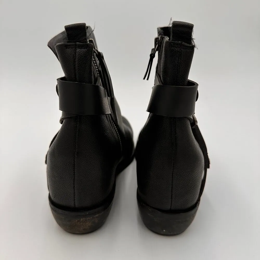 Joe’s Black Leather Strappy Buckle Wedge Heel Booties Boots Size 8 - Image 2