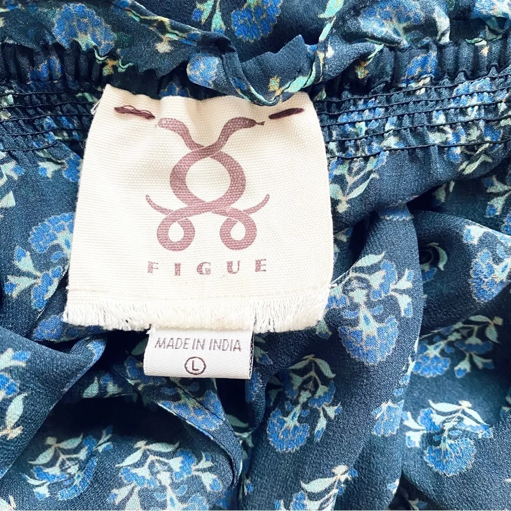 FIGUE 100% silk off shoulder Pom Pom blouse Blue Size L - Image 8