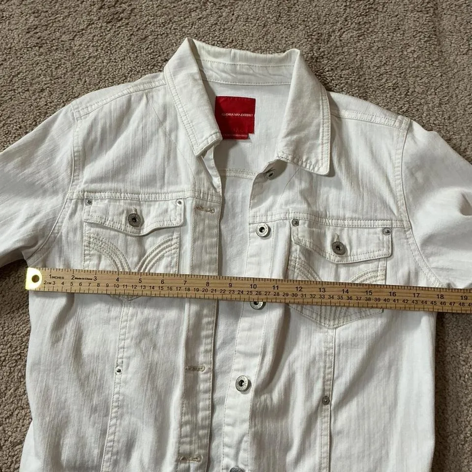 Gloria Vanderbilt White Denim Jacket Cropped 3/4 Sleeve Women's Size Medium - Image 3