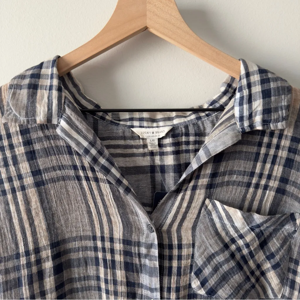 Lucky Brand 100% Cotton Navy gray Beige Plaid Button-Down Shirt Short sleeve NWT - Image 4
