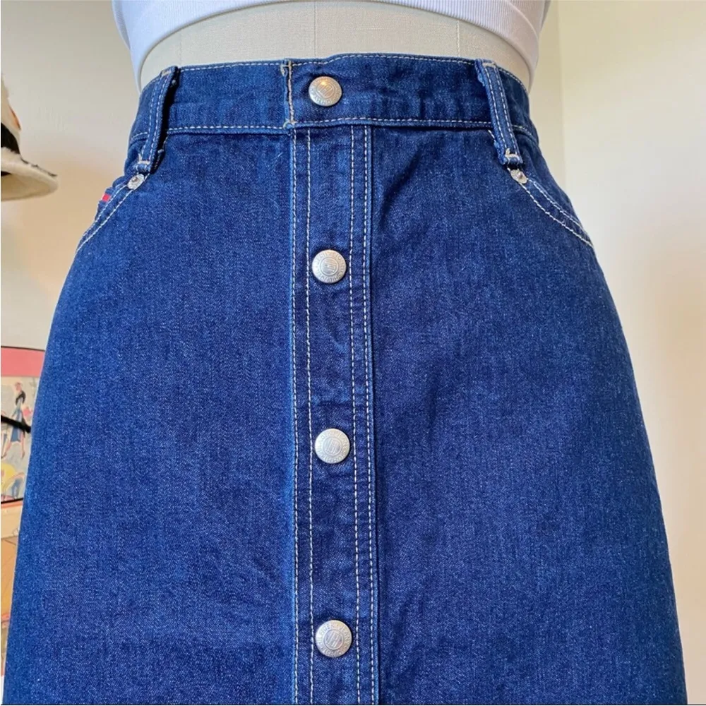 Vintage 90s Y2K Tommy Hilfiger Denim Mini Skirt Front Button Down Medium Wash M - Image 6