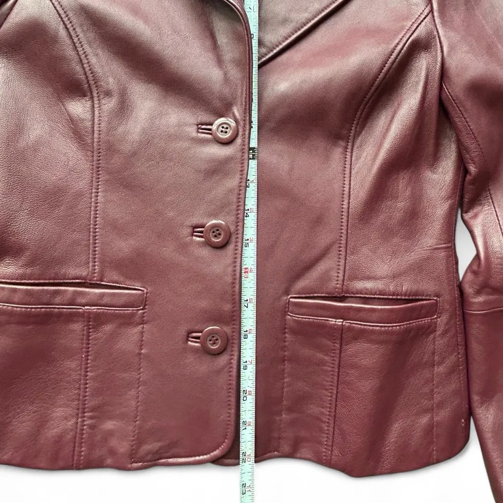 Vintage Burgundy lamb leather jacket with button front and two front pockets Red - Image 7