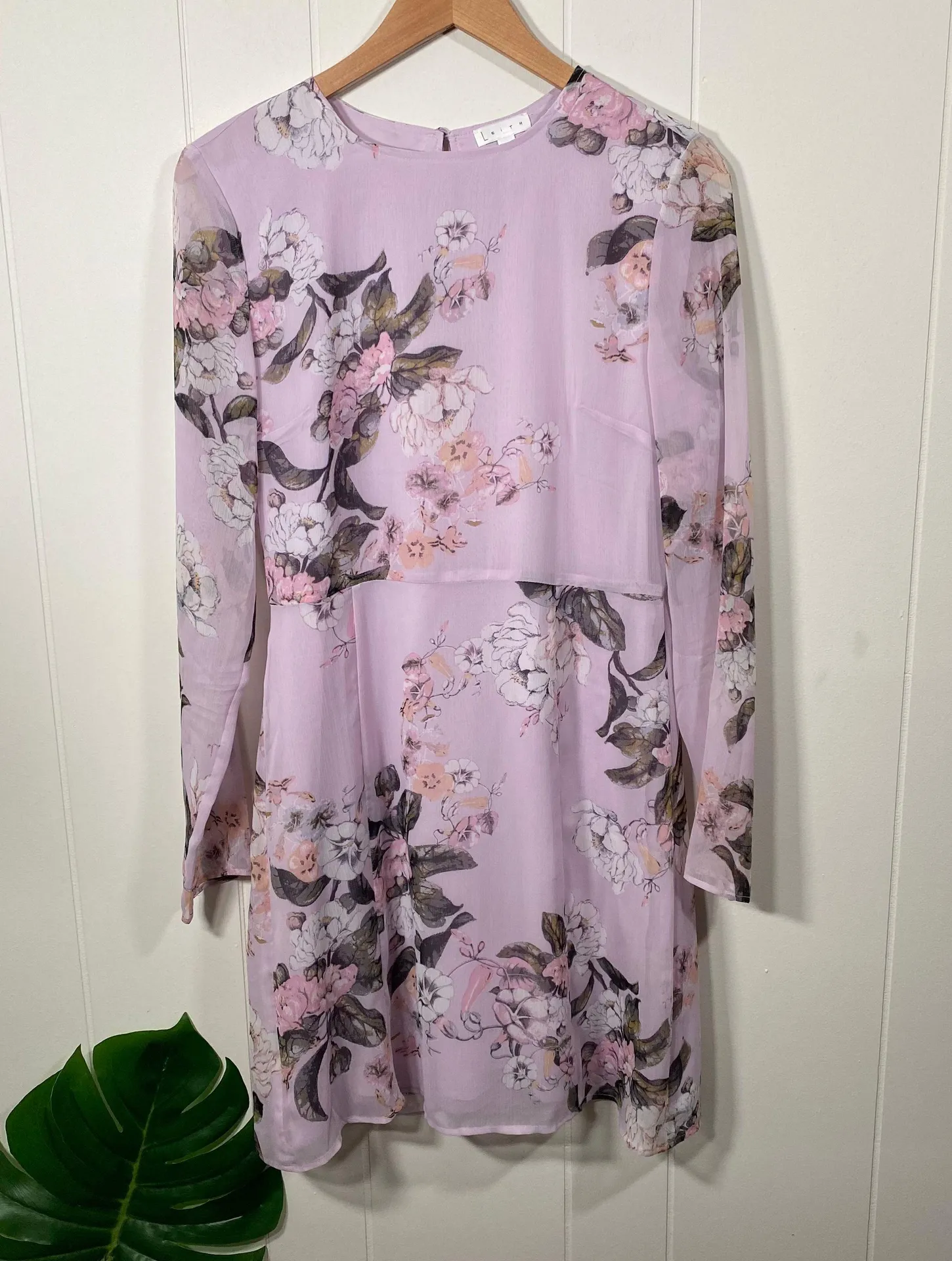 Long Sleeve Floral Chiffon Dress Lavender Frost Medium - Image 3