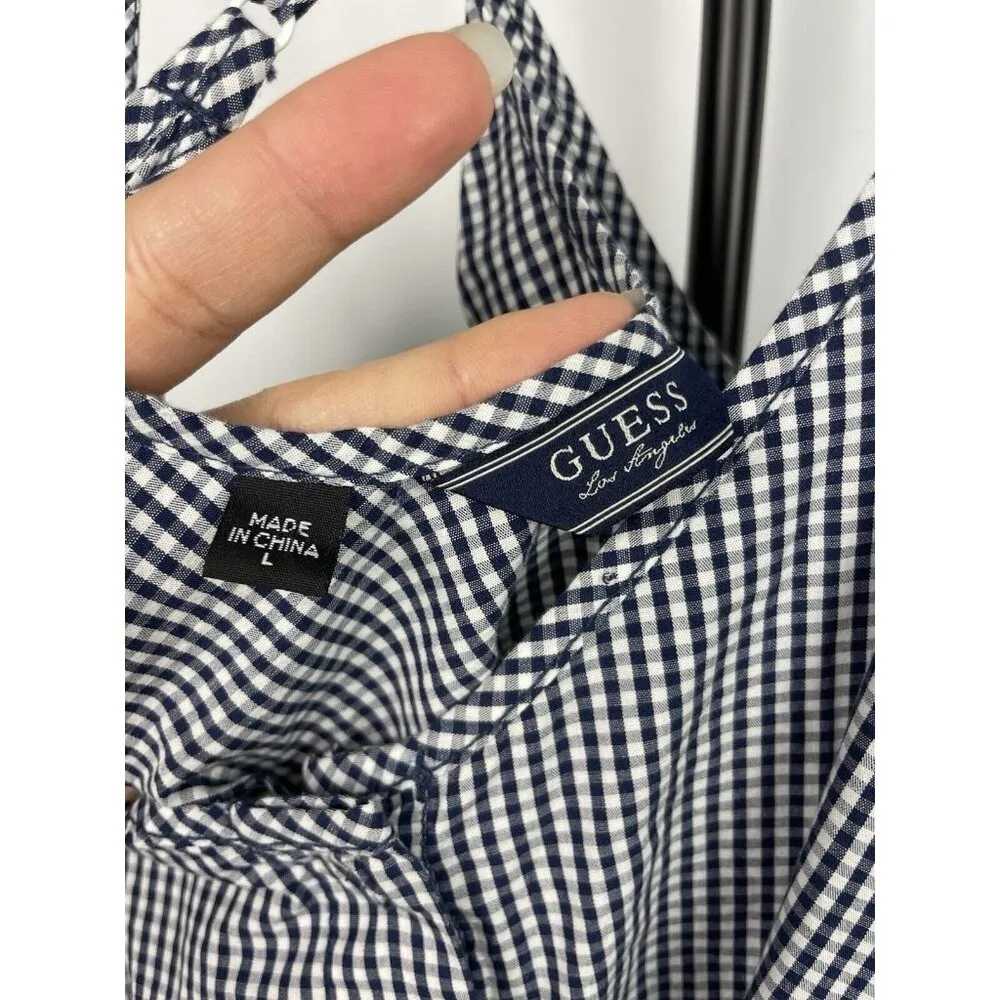 GUESS Navy Gingham Front Tie Button Up‎ Cross Back Tank Blouse Top Size L - Image 6