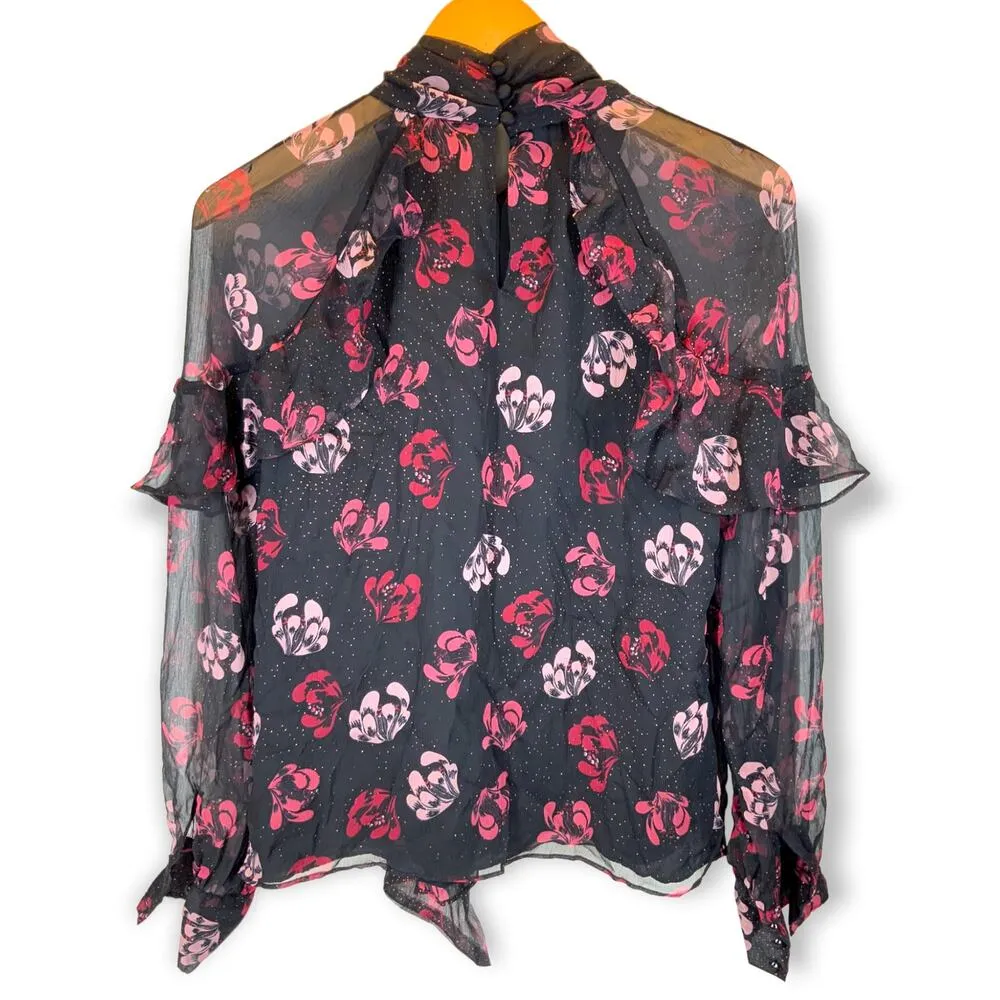 VINCE CAMUTO | Women's Ruffle Sleeve Tie Neck Sheer Blouse Shirt Top | Small - Image 4