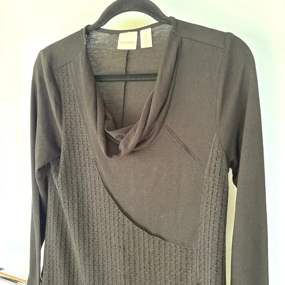 Chico’s Black Patchwork Boho Cowl Neck Shabby Chic Sharkbite Blouse Gypsy Witch - Image 5