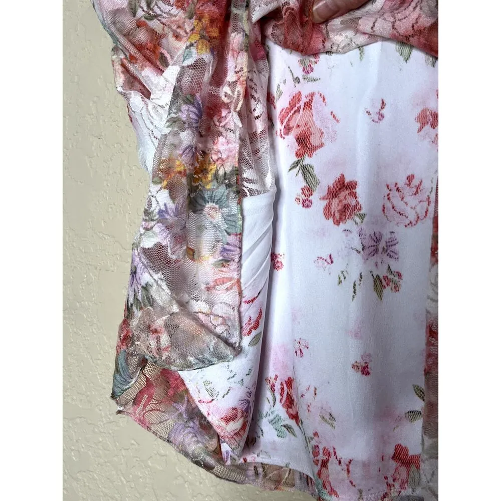Brittany Black women's size L top white/pink lacy floral high - Image 7