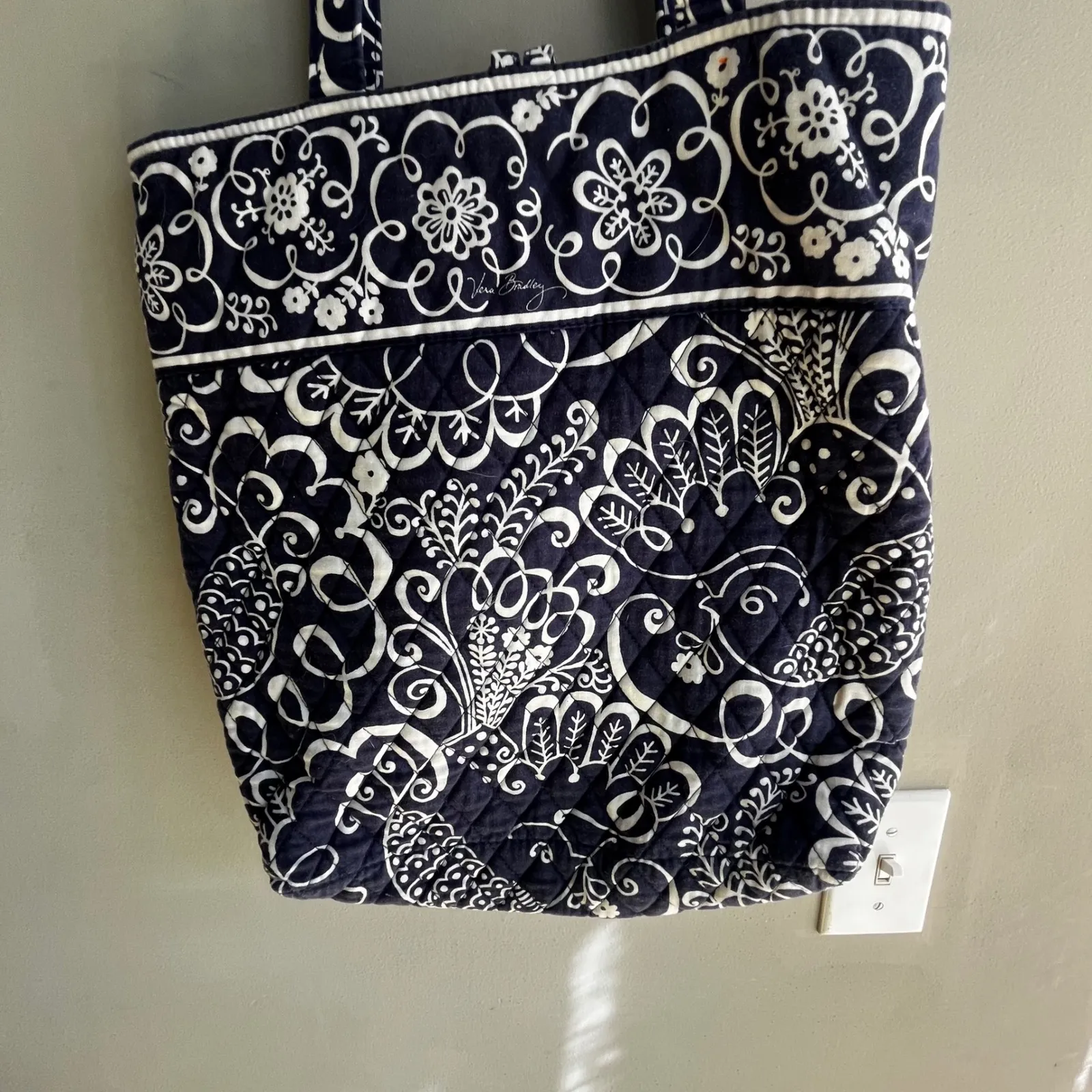Vera Bradley Tote Bag Navy Blue Quilted Floral Birds Shoulder Bag Purse - Image 4
