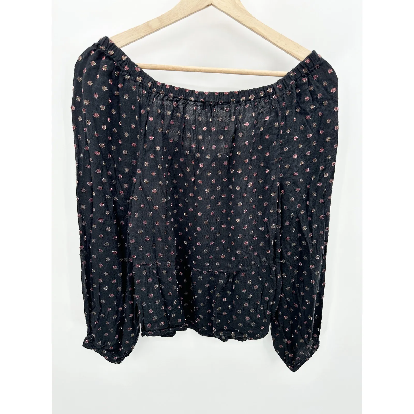 LOFT Womens Top Black Polka Dot Peasant Top Size S Babydoll Shimmer Casual - Image 2