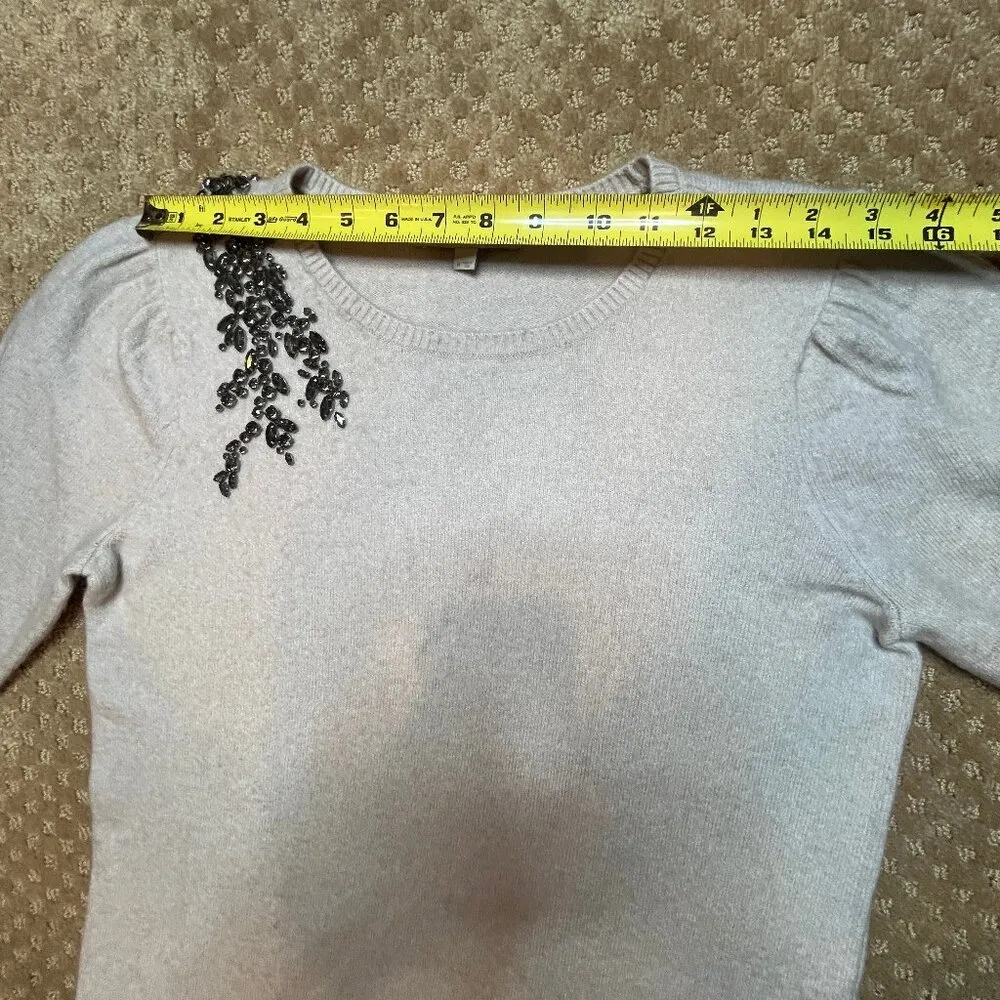 Ann Taylor Loft Rhinestone Flowers Wool Blend Crew Sweater Oatmeal Color SZ M - Image 10