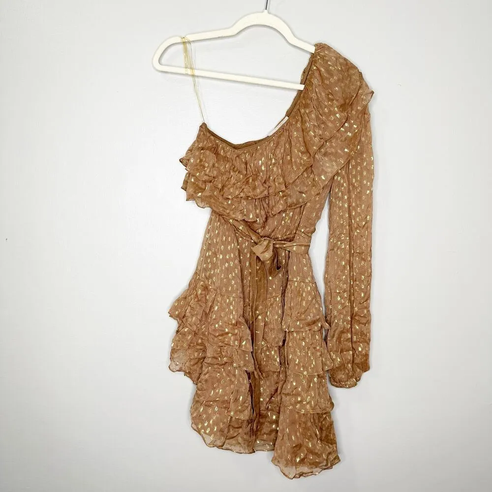 Rococo Sand Aine One Shoulder Tan Gold Ruffle Mini Dress Medium - Image 3